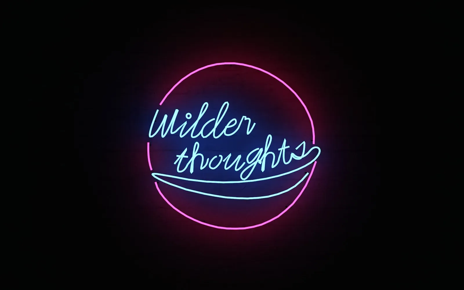 Neon-Schriftzug „Wilder thoughts“ in Blau und Pink vor schwarzem Hintergrund
