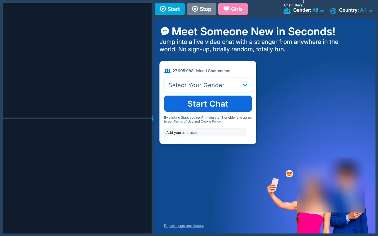 Startseite von Chatrandom mit Start-Button, Geschlechts- und Länderfilter
