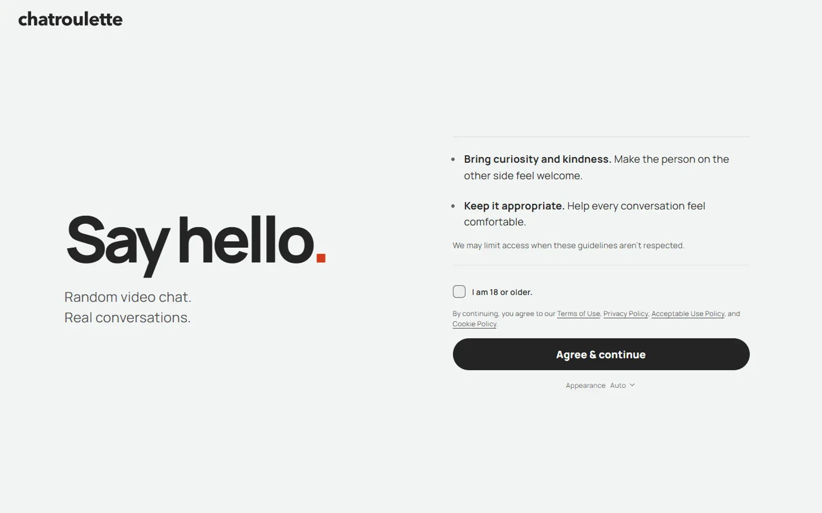 Startseite von Chatroulette mit Schriftzug „Say hello.“ und Hinweis auf das Mindestalter 18