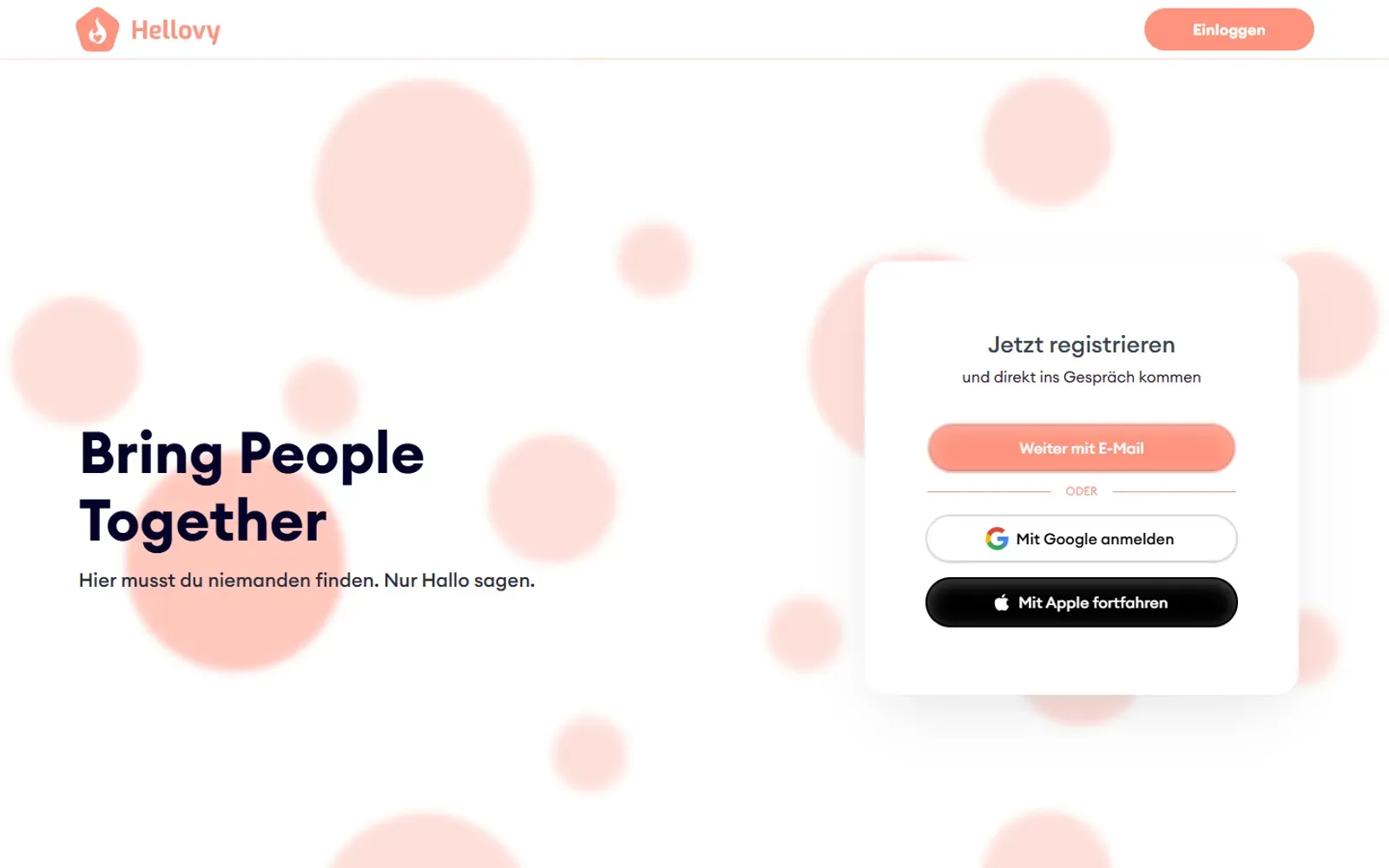 Screenshot der Hellovy-Startseite mit dem Slogan „Bring People Together“ und Registrierungsbox