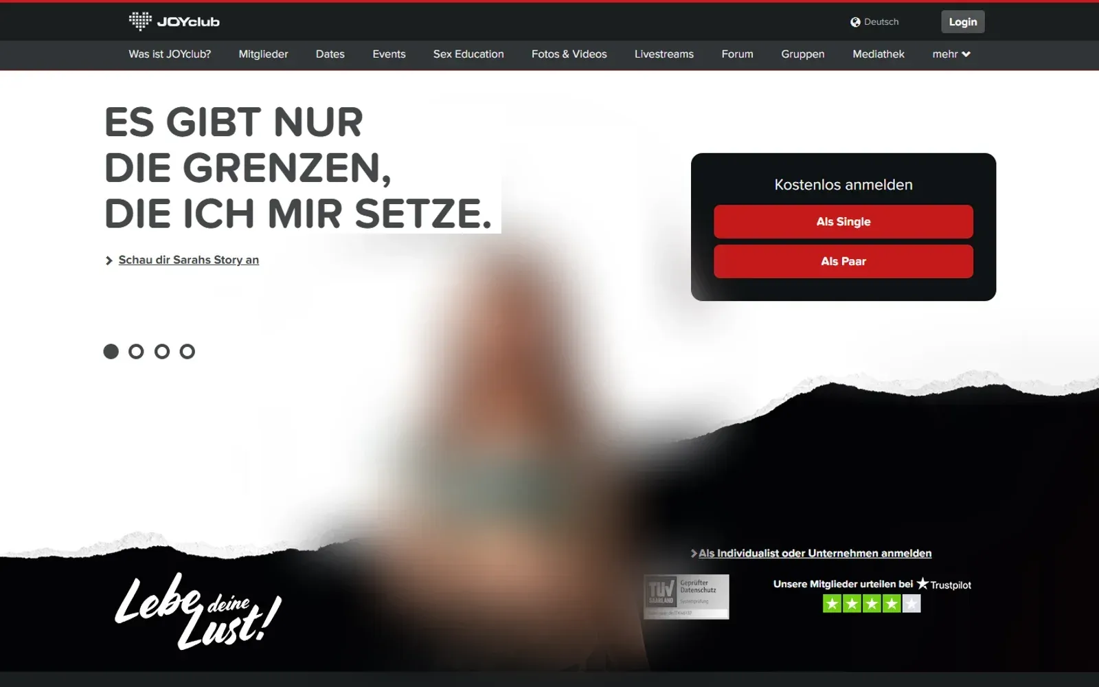 Startseite von JOYclub mit dem Slogan „Es gibt nur die Grenzen, die ich mir setze“ und Anmeldebox