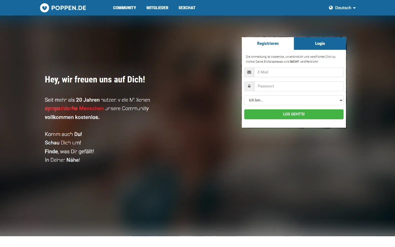 Startseite von Poppen.de mit Registrierungsformular, Gesichter verpixelt